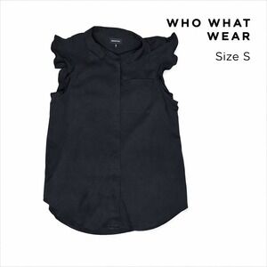 Who What Wear Womens Black Ruffle Sleeve Button Front Blouse Top Size Small